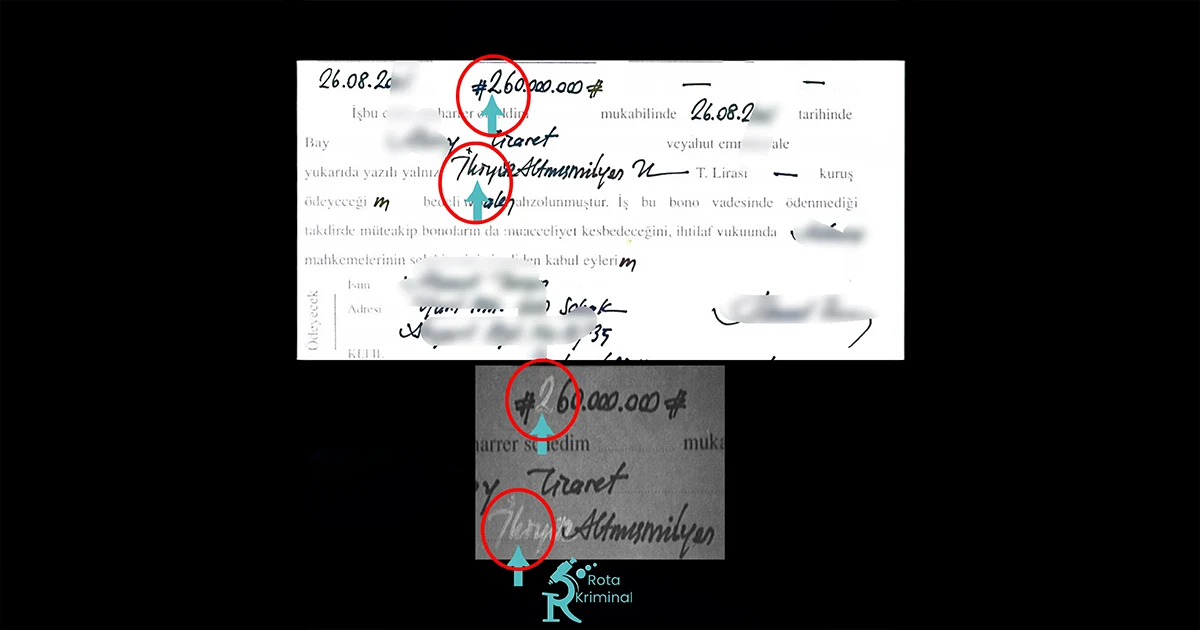 Laboratuvar ortamında mikroskop ve UV ışık kullanılarak senet üzerinde yapılan tahrifat, silinti ve rakam değişikliği incelemesi.