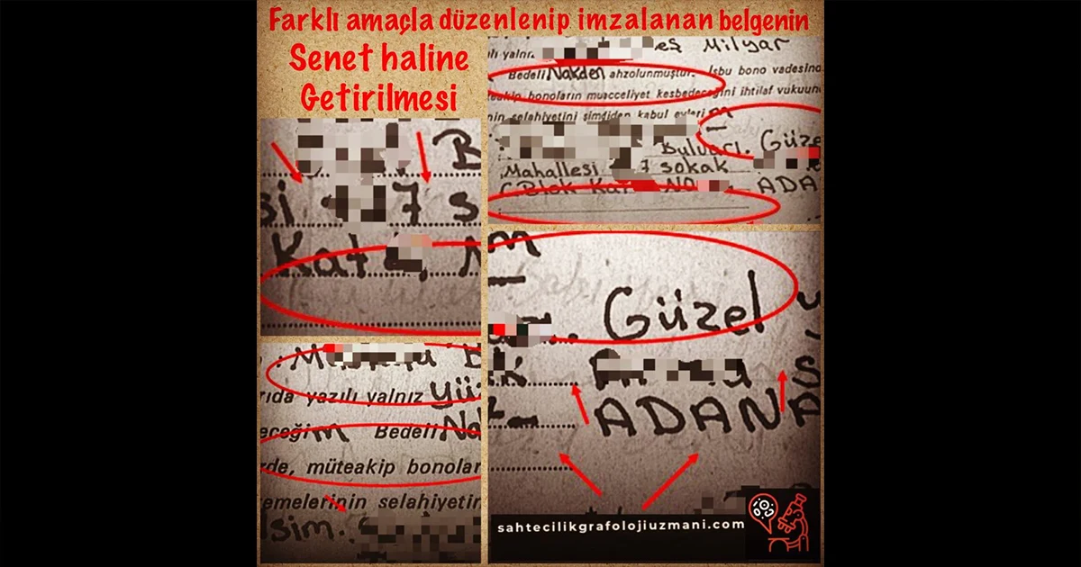 Başka amaçla imzalanan belgenin sonradan doldurularak senet haline getirilmesi, tahrifat incelemesi ve mürekkep analizi.