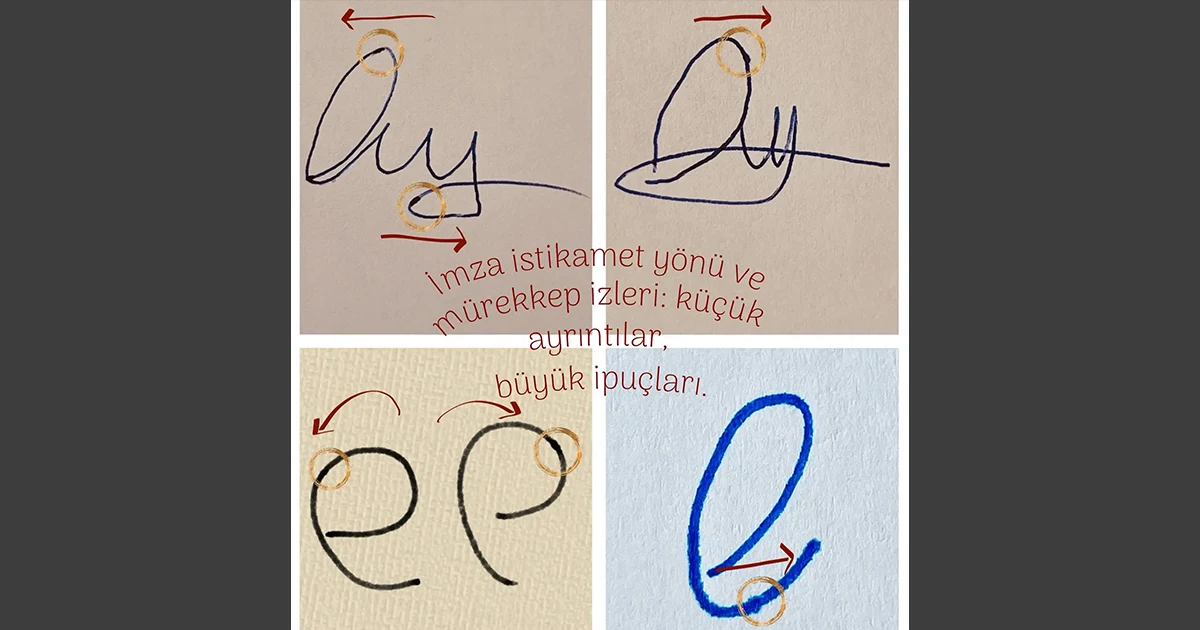 Mikroskobik imza incelemesinde mürekkep izleri, başlangıç ve bitiş noktaları ile kalem istikamet yönü analizi.