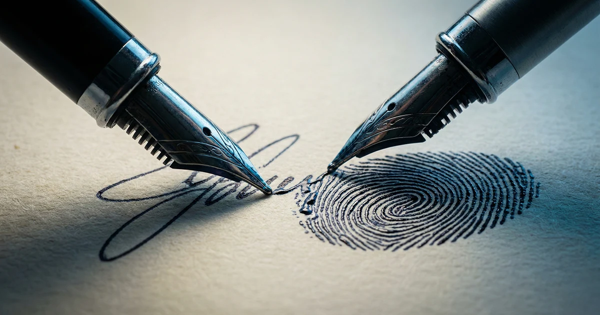 imzanın kişinin parmak izi gibi benzersiz ve güvenli olması gerektiğini simgeleyen, mürekkebin parmak izi desenine dönüştüğü adli görsel. İmza Neden Basit Olmamalıdır