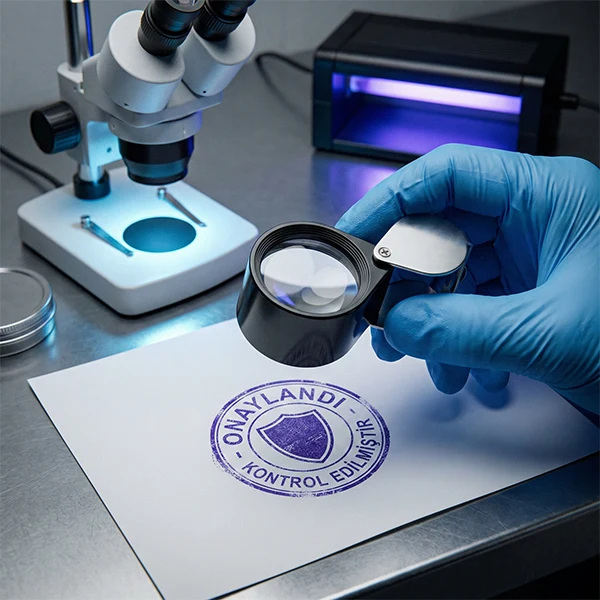 Kriminal laboratuvarda büyüteç ile incelenen 'ONAYLANDI' ibareli şüpheli kaşe ve mühür izi detayları