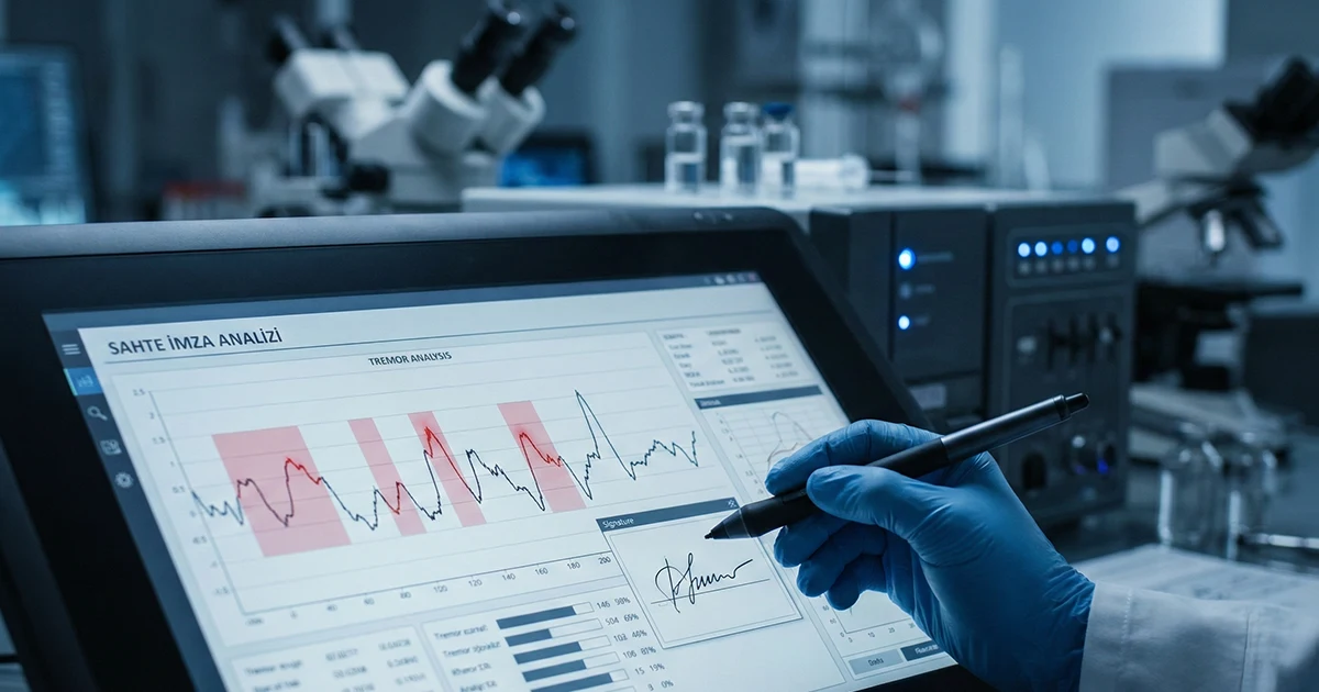 Sahte imzada oluşan titreme (tremor) ve mürekkep birikintilerinin mikroskobik görüntüsü.
