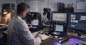 Rota Kriminal adli belge inceleme uzmanı, laboratuvarda mikroskop ve bilgisayar kullanarak şüpheli imza analizi yapıyor.