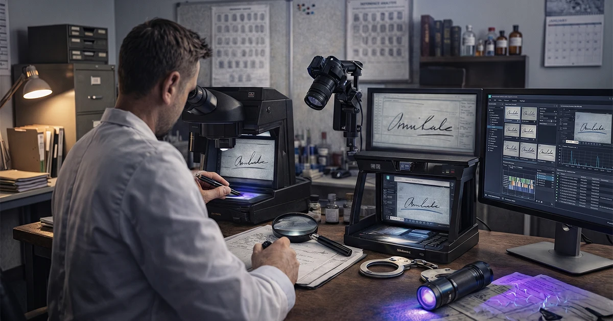 Rota Kriminal adli belge inceleme uzmanı, laboratuvarda mikroskop ve bilgisayar kullanarak şüpheli imza analizi yapıyor.