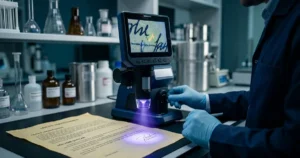 Sahte tahliye taahhütnamesi kriminal incelemesi blog kapağı. Görselde Rota Kriminal uzmanı, UV ışık ve Forenscope cihazı ile belge üzerindeki sahte imza ve tahrifat izlerini analiz ediyor.