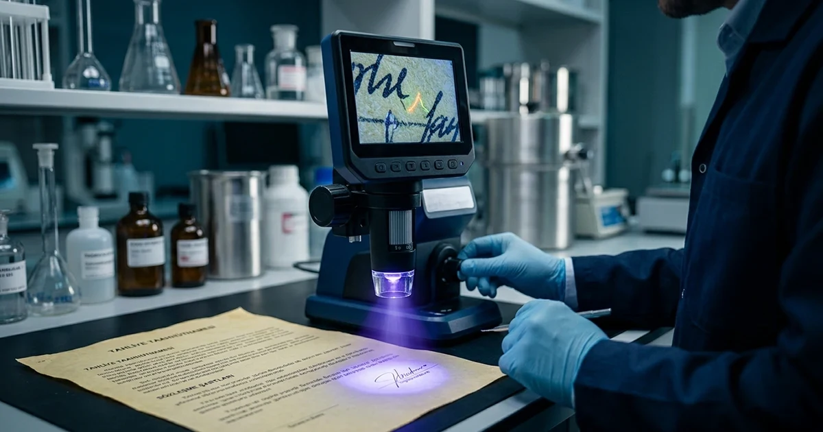 Sahte tahliye taahhütnamesi kriminal incelemesi blog kapağı. Görselde Rota Kriminal uzmanı, UV ışık ve Forenscope cihazı ile belge üzerindeki sahte imza ve tahrifat izlerini analiz ediyor.