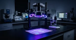 Rota Kriminal laboratuvarında şüpheli belgeleri UV ve kızılötesi ışık altında incelemek için kullanılan Forenscope benzeri multispektral analiz cihazı ve dijital mikroskop donanımı.