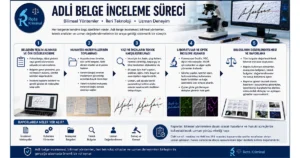 Adli belge inceleme süreci aşamalarını gösteren infografik Title: Adli Belge İnceleme Süreci — 5 Aşama