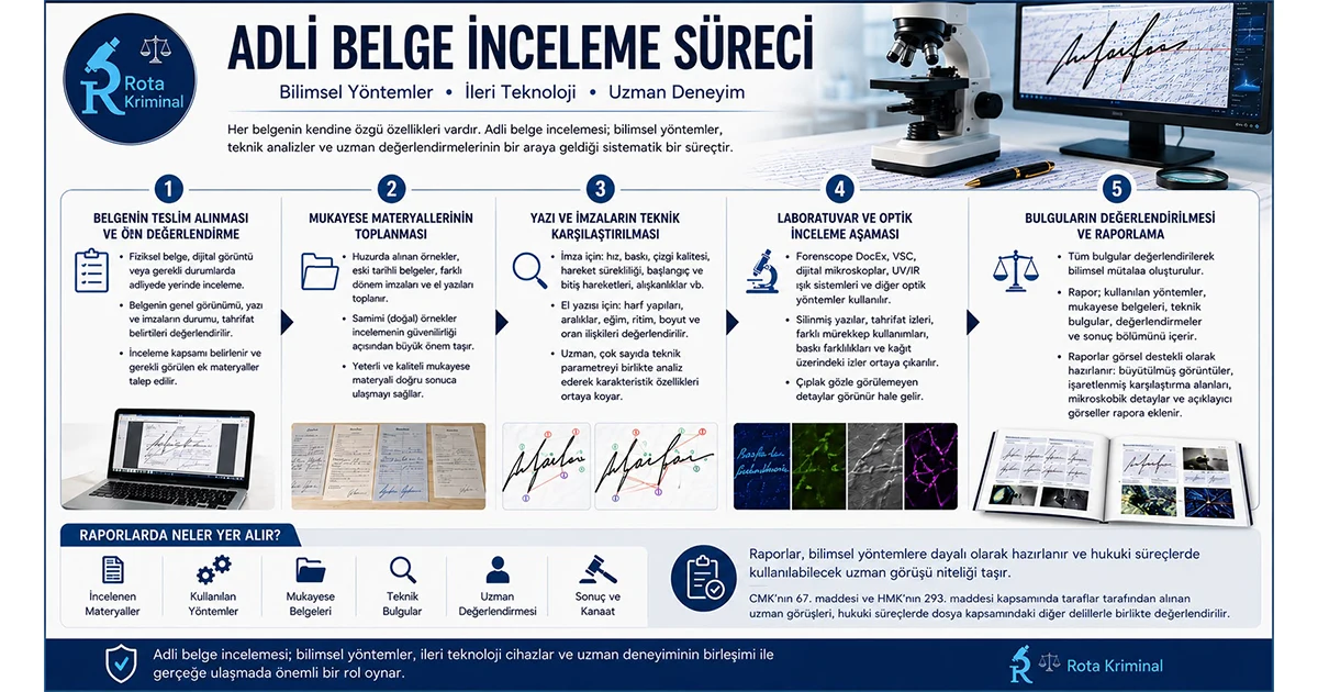Adli belge inceleme süreci aşamalarını gösteren infografik Title: Adli Belge İnceleme Süreci — 5 Aşama