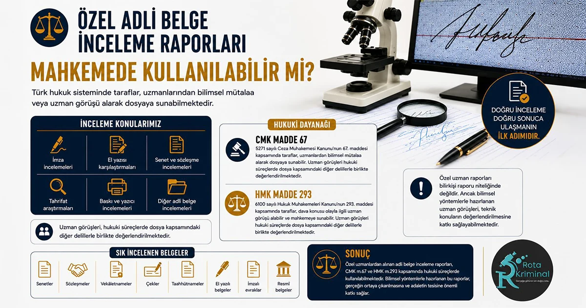 Özel adli belge inceleme raporu mahkemede kullanılabilir mi konulu infografik
