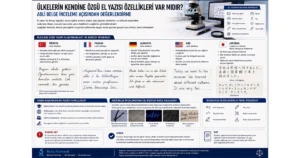 Ülkelere göre el yazısı özellikleri infografiği: Türkiye, Fransa, Almanya, ABD ve Japonya yazı örneklerinin karşılaştırması