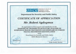 OSCE Mission in Kosovo: Appreciation for Training of Trainers on Signature Analysis