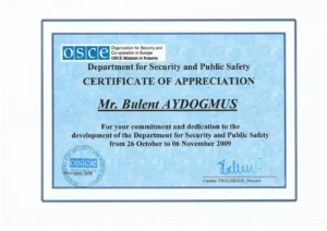 OSCE Mission in Kosovo Certificate of Appreciation